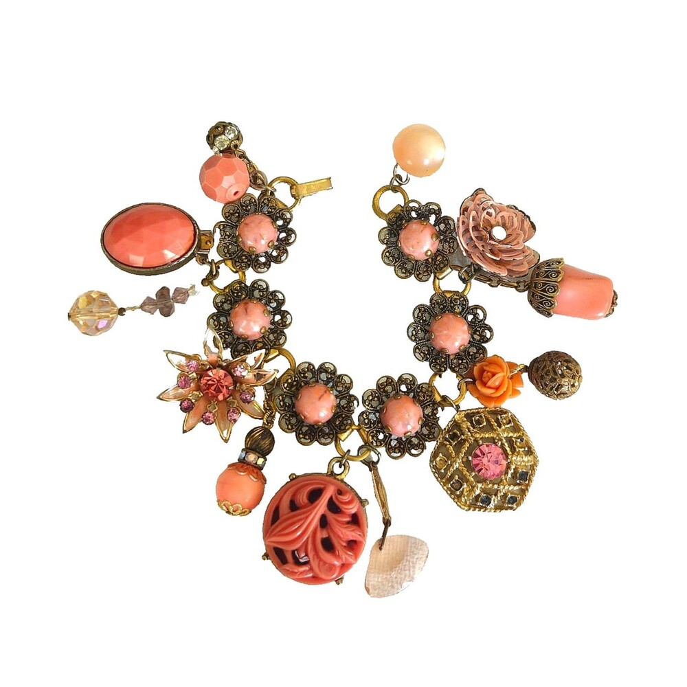 Vintage Assemblage Charm Bracelet Pink Floral OOAK Upcycled Jewelry Statement